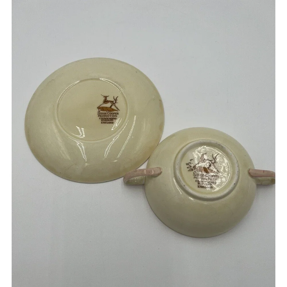 Vintage Susie Cooper Crown Works Cream Soup Bowls & Saucers Wedding Band